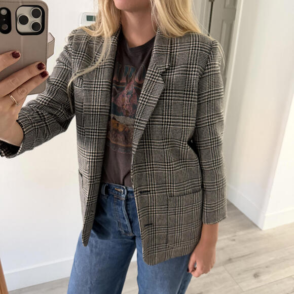 Jackets & Blazers - Vintage 80's Plaid Houndstooth Wool Blend Blazer Jacket, Size M Black White
